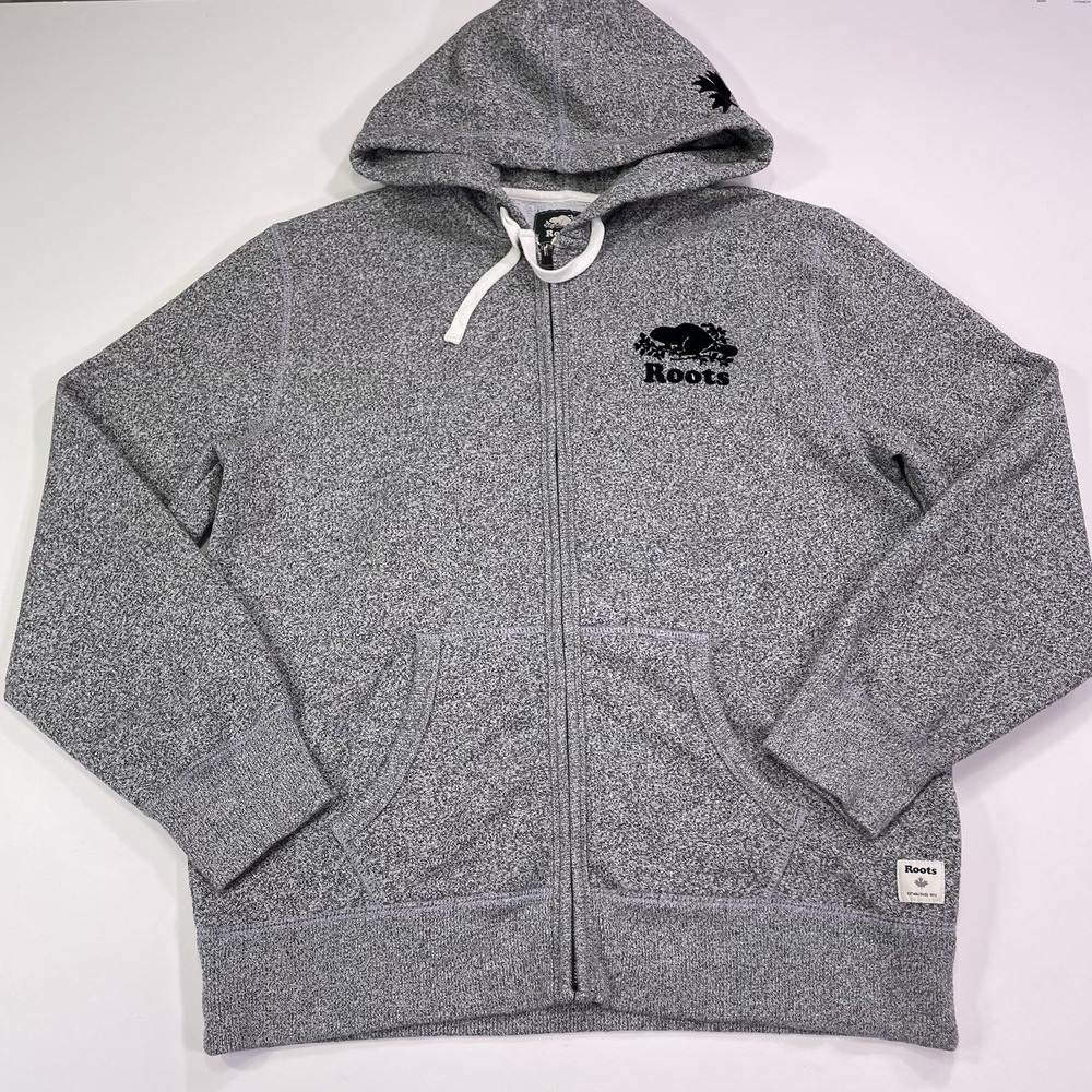 Roots Canada Hoodie Mens L Heather Gray Sweatshirt Thick Warm Zip Up Sweater